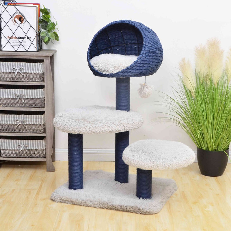 Petpals Galaxy Blue and Gray 4 Level 40" Cat Tree With Paper Rope Posts, Shag Fur Perch, and Condo