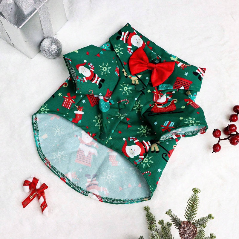 Spice Paws Green Santa/Christmas Tree Shirt With Bow Tie