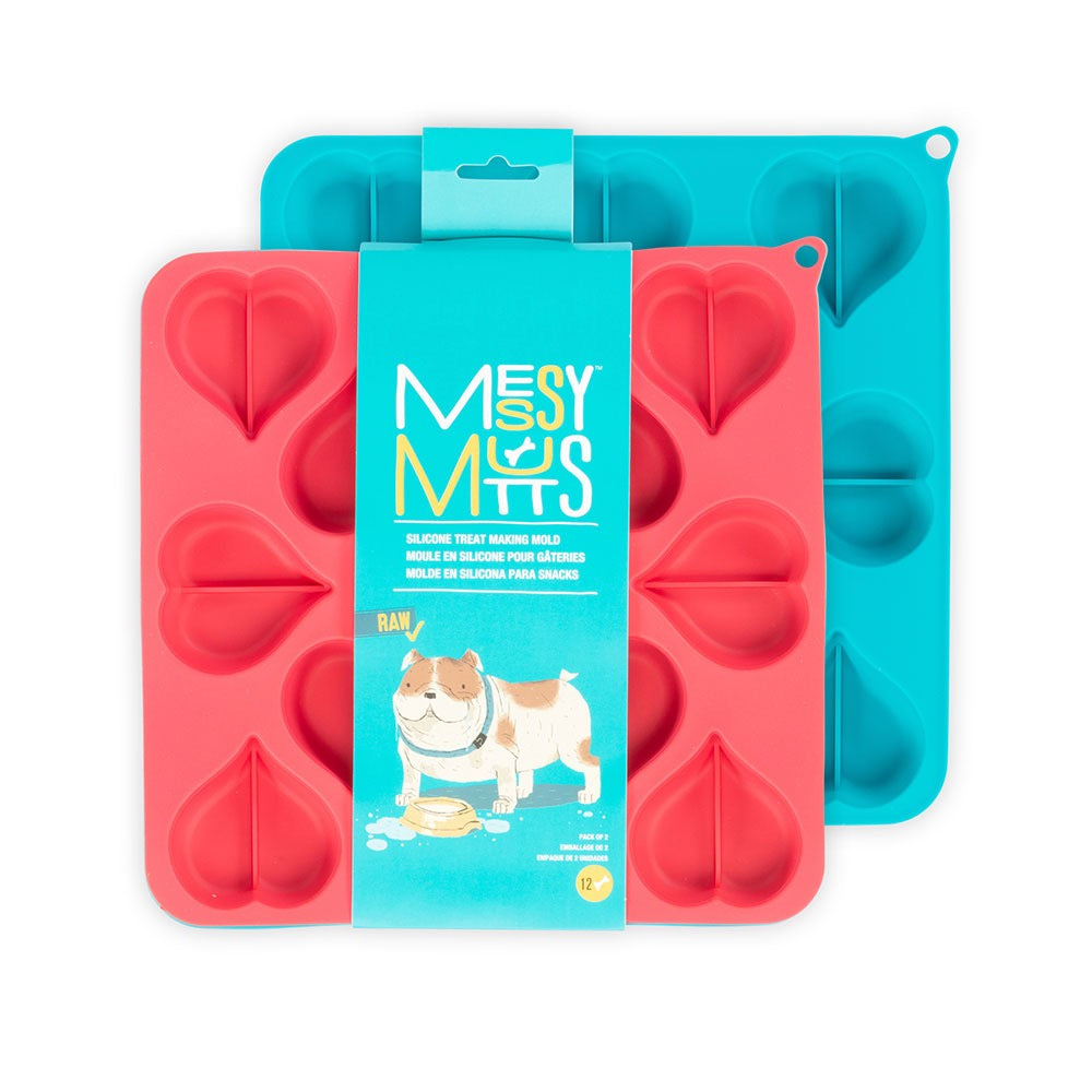 Messy Mutts Silicone Bake & Freeze Dog Treat Making Mold Heart Shape Blue & Watermelon 9" x 9" 2pk