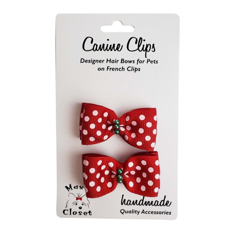 Barker's Bowtique Red with White Polka Dots Canine Clips