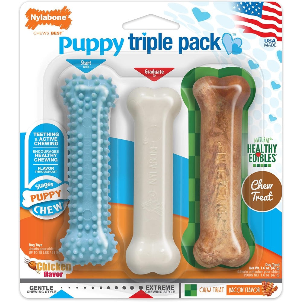 Nylabone Puppy Chew Variety Toy Treat Triple Pack 3 count (Small -  Up To 25 Ibs)
