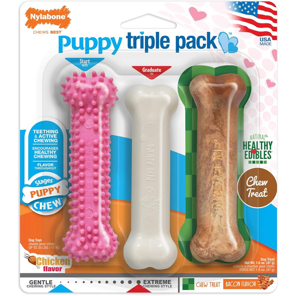 Nylabone Puppy Chew Variety Toy Treat Triple Pack 3 count (Small -  Up To 25 Ibs)