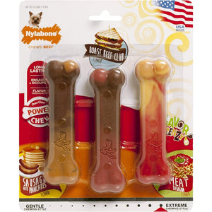 Nylabone Flavor Frenzy Power Chew Triple Pack Pancakes Sausage, Roast Beef Club, Lasagna. (XS/Petite Up To 15 Lbs. 3 ct)