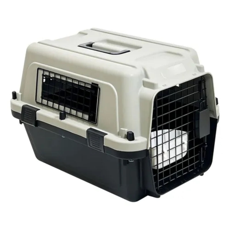 Pawsitiv Plastic Flight Approved Pet Carrier With Skylight, 1 Bowl and Grill - Black & Grey - Medium