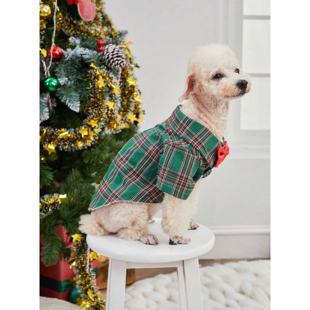 PETSIN Christmas Green Plaid Pet Shirt with Bow Tie
