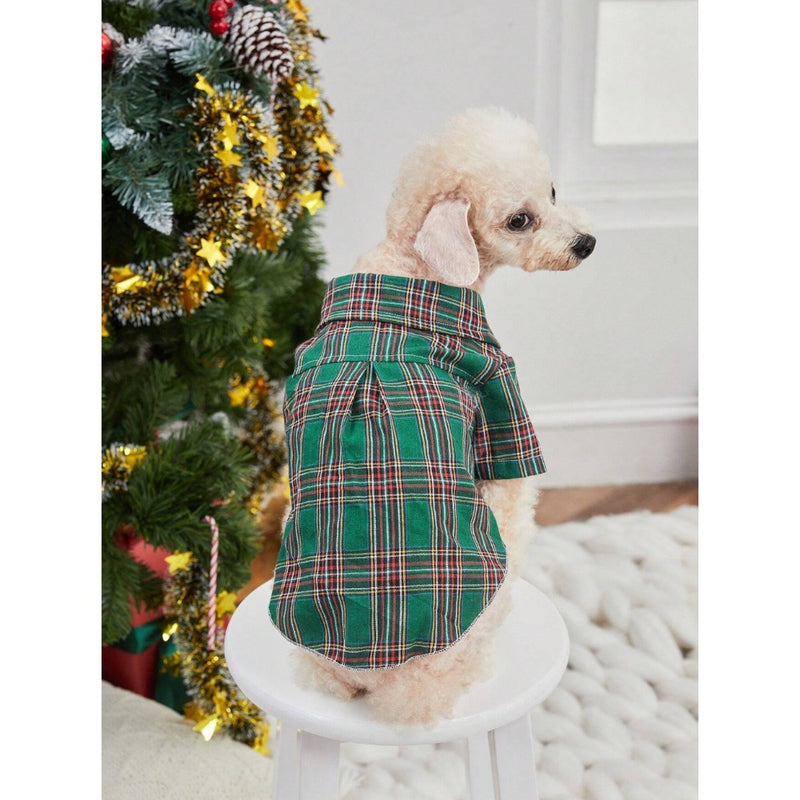 PETSIN Christmas Green Plaid Pet Shirt with Bow Tie