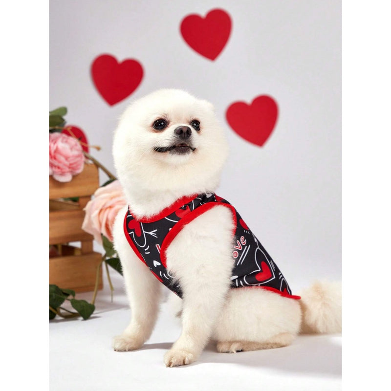 Shein Valentine's Day Red & Black Heart-Shaped 'Love' Printed Pet Vest