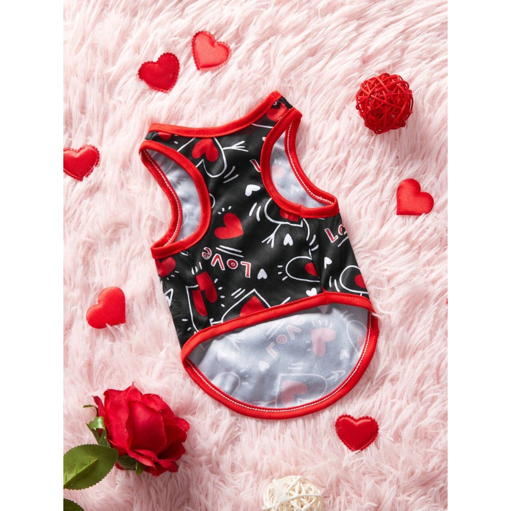 Shein Valentine's Day Red & Black Heart-Shaped 'Love' Printed Pet Vest