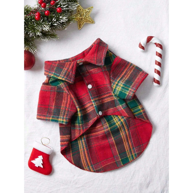 PETSIN Christmas Red And Green Plaid Fleece Lined Warm Shirt For Pets