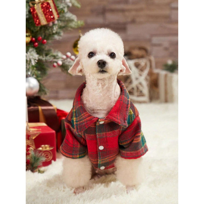 PETSIN Christmas Red And Green Plaid Fleece Lined Warm Shirt For Pets