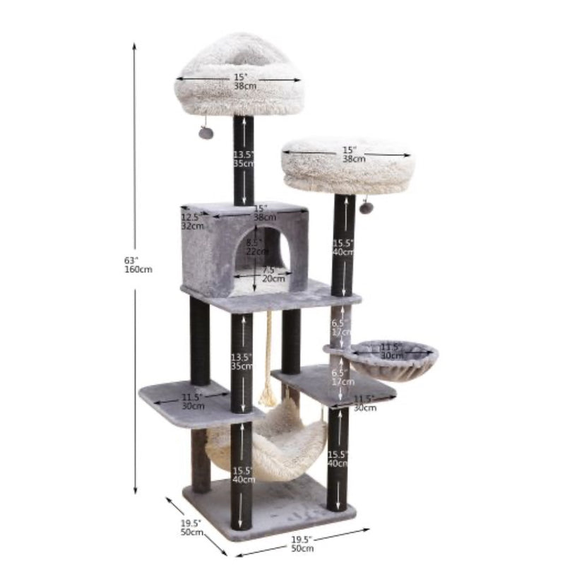 Catry Meerkat 7 Level Gray Cat Tree With Scratching Posts, Condo, Hammock and Two Shag Fur Cushions