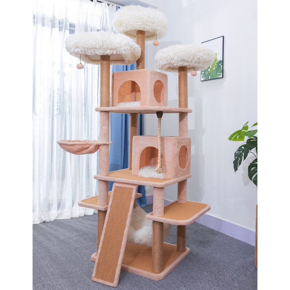 Catry Deluxe Cat Tree Castle- Complex Tower with Cat Hammock, Scratching Post, and Playful Toys - Beige