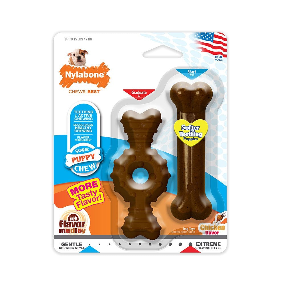Nylabone® Teething Puppy Chew™ Medley Flavor Ring Bone & Bone Chew Puppy Toy Twin Pack Petite