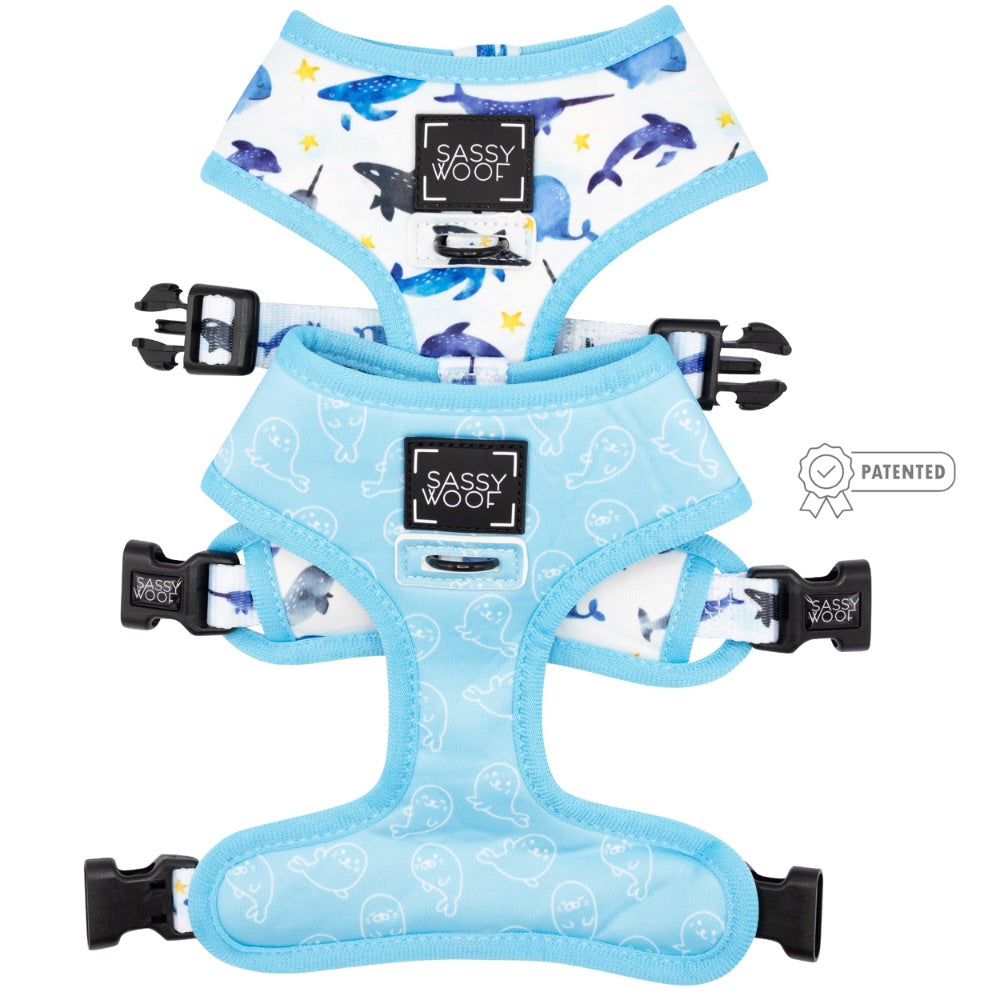 Sassy Woof Reversible Harness - Whale, Hello There