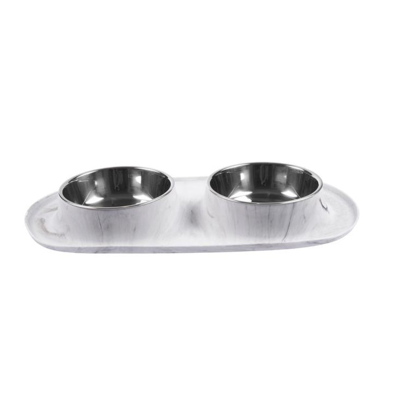 Messy Mutts Double Silicone Feeder with Stainless Bowls- Marble