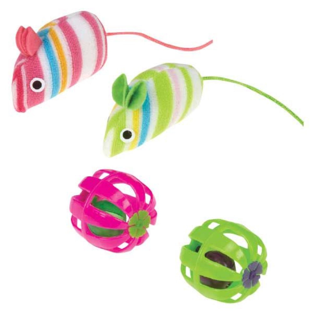 Savvy Tabby Striped Mice & Jingle Ball Toys - 4 Pk